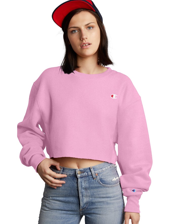 Champion Reverse Weave Cropped Cut-Off Crew Kadın Sweatshirt Pembe ( PORYZJ069 )